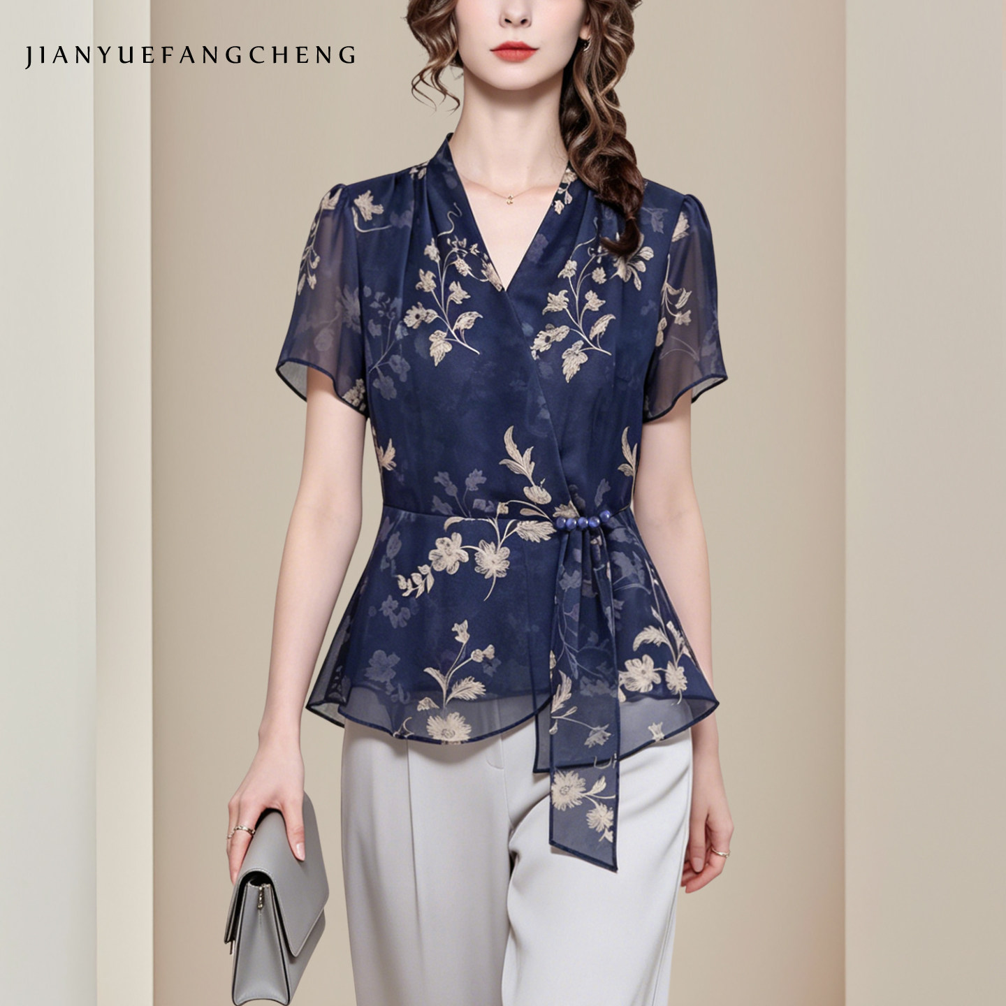 Romper Floral Print - Fashion Retro Floral Print Blue Chiffon