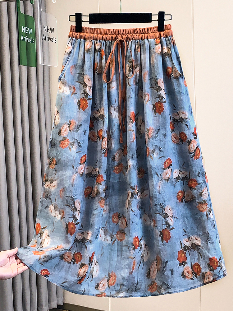 Midi Skirt Floral - Rustic Floral Print Loose A-Line Midi