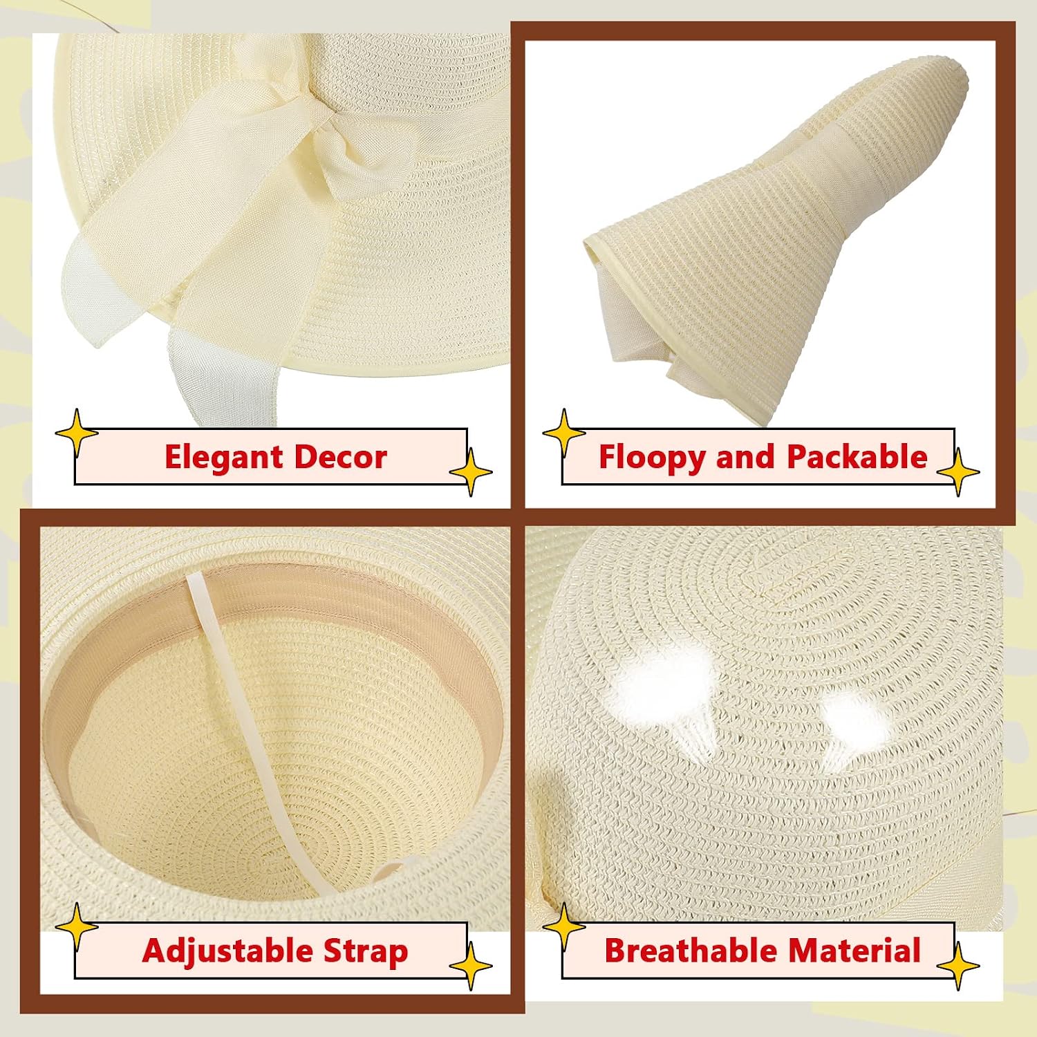 12 PCS Women's Wide Brim Straw - Hat Floppy Wide reseña y precio