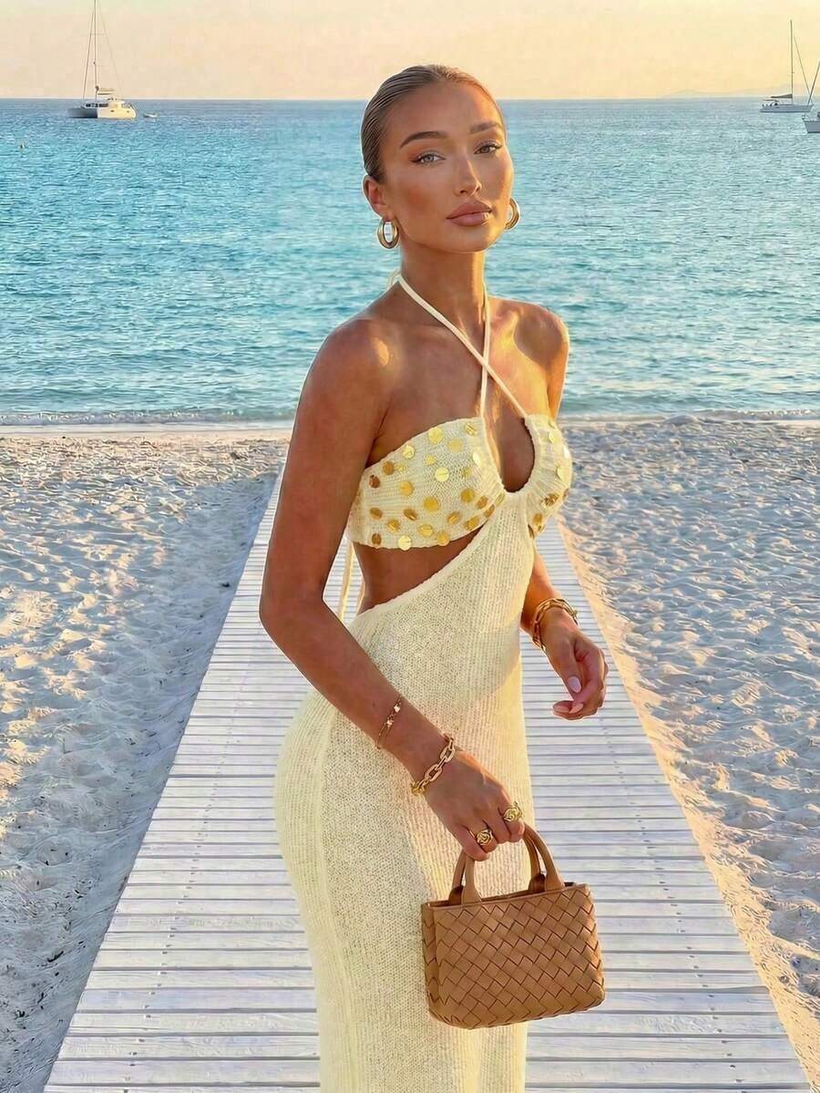 Womens Bohemian Sequin Spaghet - Maxi Dress Halter reseña y precio