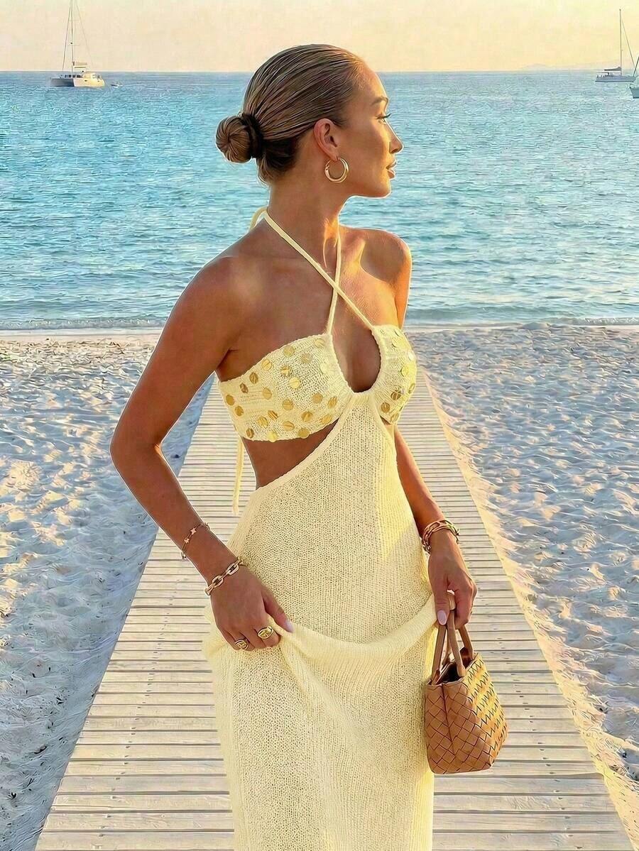 Womens Bohemian Sequin Spaghet - Maxi Dress Halter reseña y precio