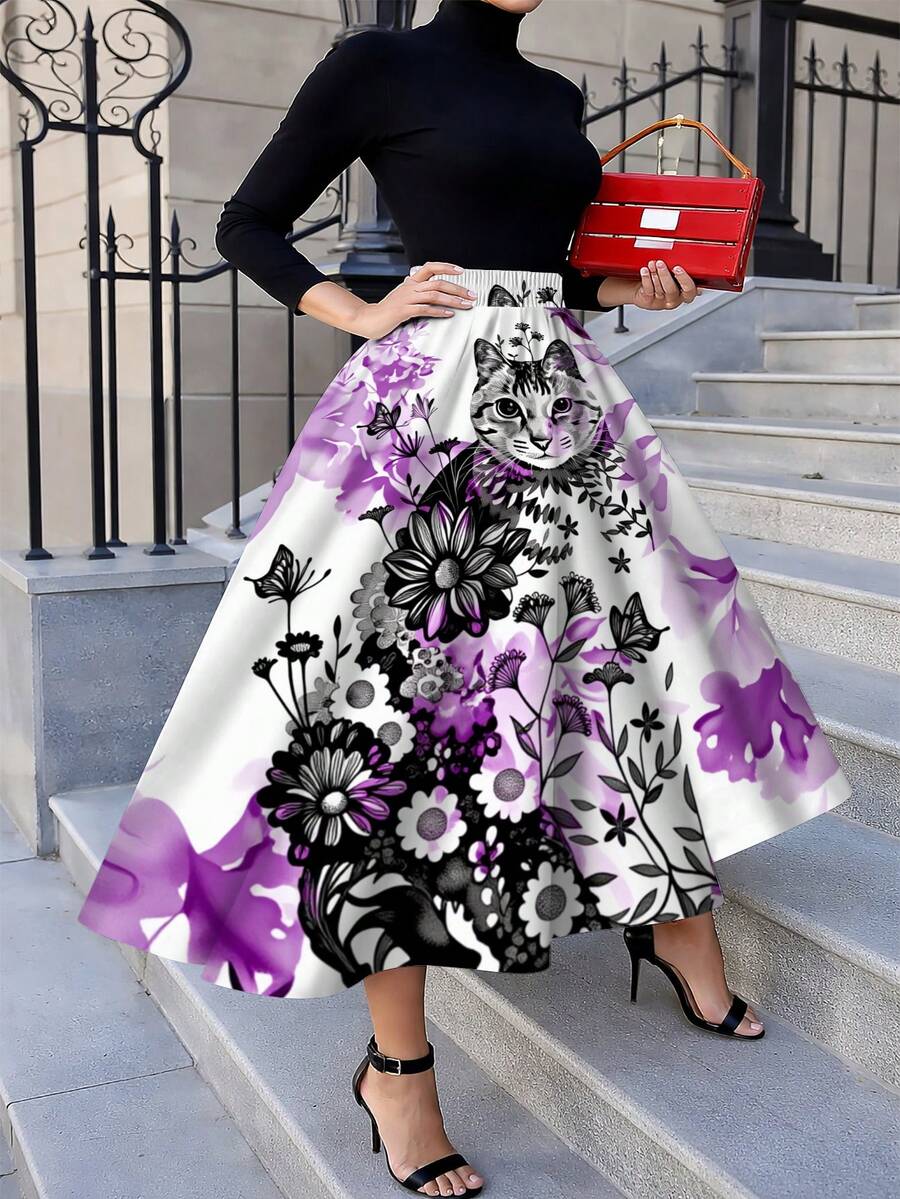 Oversized Floral Cat Print Mid - Midi Skirt Floral reseña y precio
