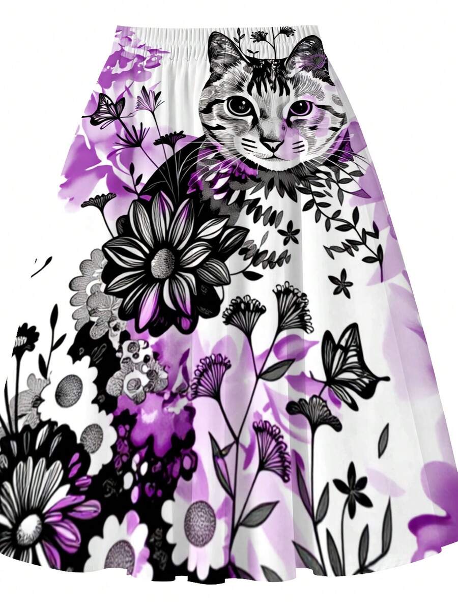 Oversized Floral Cat Print Mid - Midi Skirt Floral reseña y precio