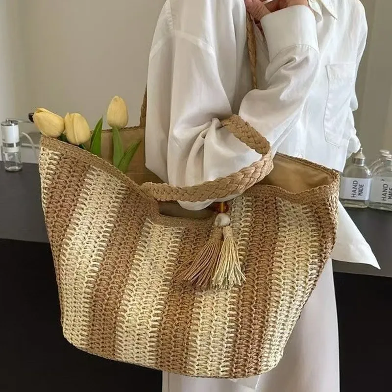 Striped woven straw tote bag f - Tote Bag Beach reseña y precio