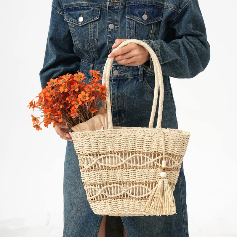 Hollow-Shoulder Straw Tote Bag - Tote Bag Beach reseña y precio