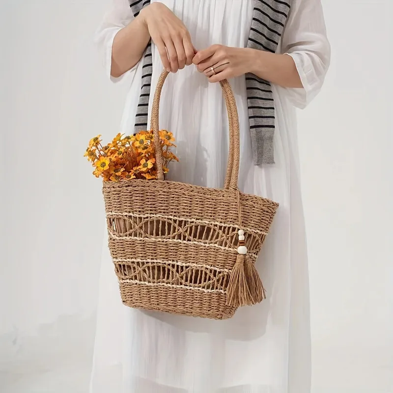 Hollow-Shoulder Straw Tote Bag - Tote Bag Beach reseña y precio