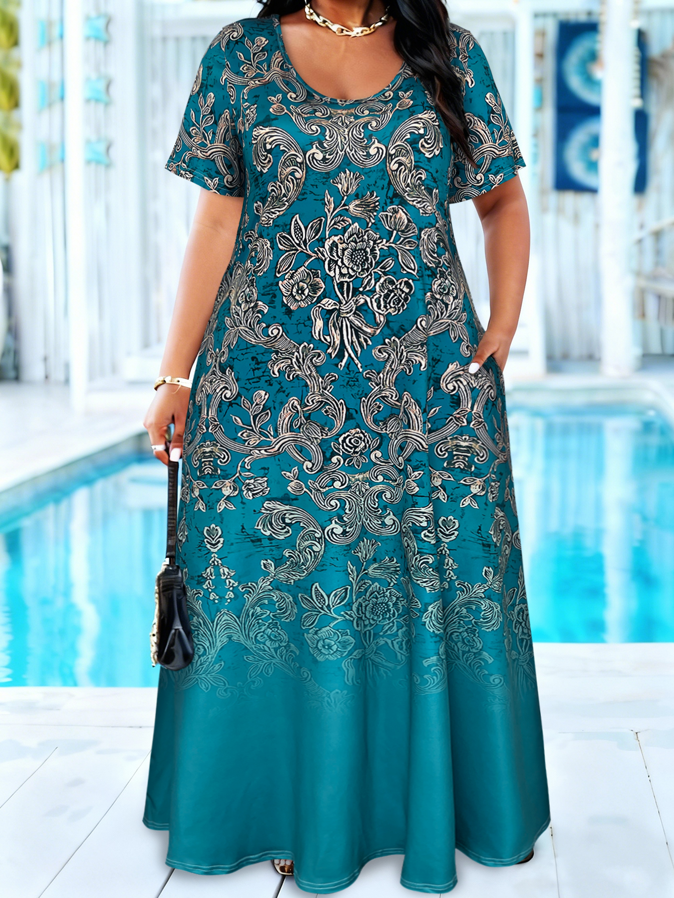 Plus Size Teal Baroque Floral  - Romper Floral Print reseña y precio
