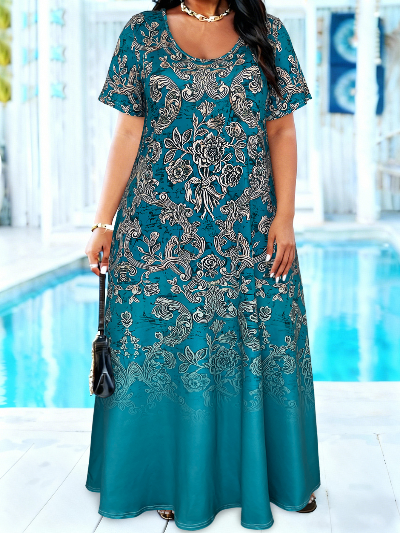 Plus Size Teal Baroque Floral  - Romper Floral Print reseña y precio