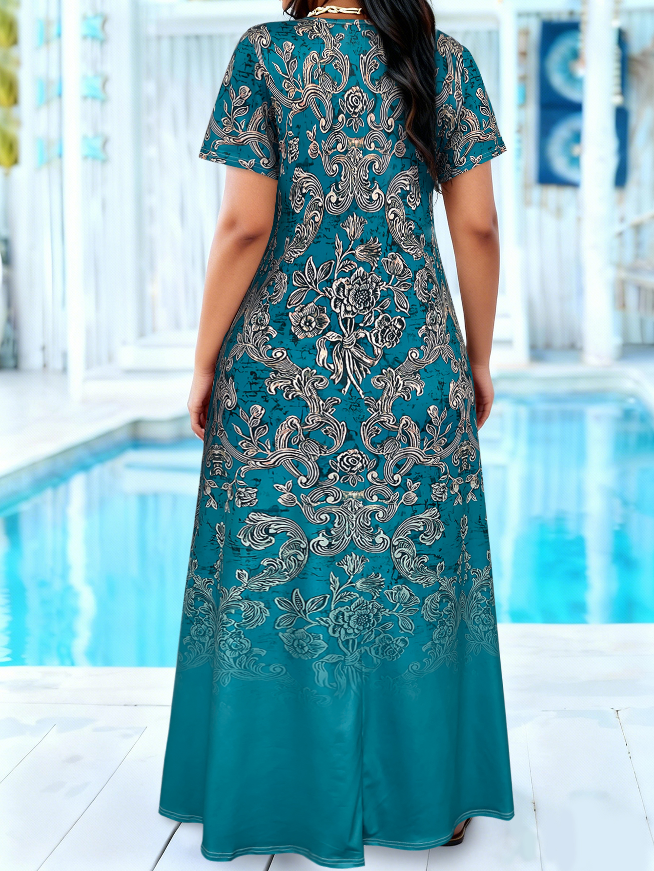 Plus Size Teal Baroque Floral  - Romper Floral Print reseña y precio