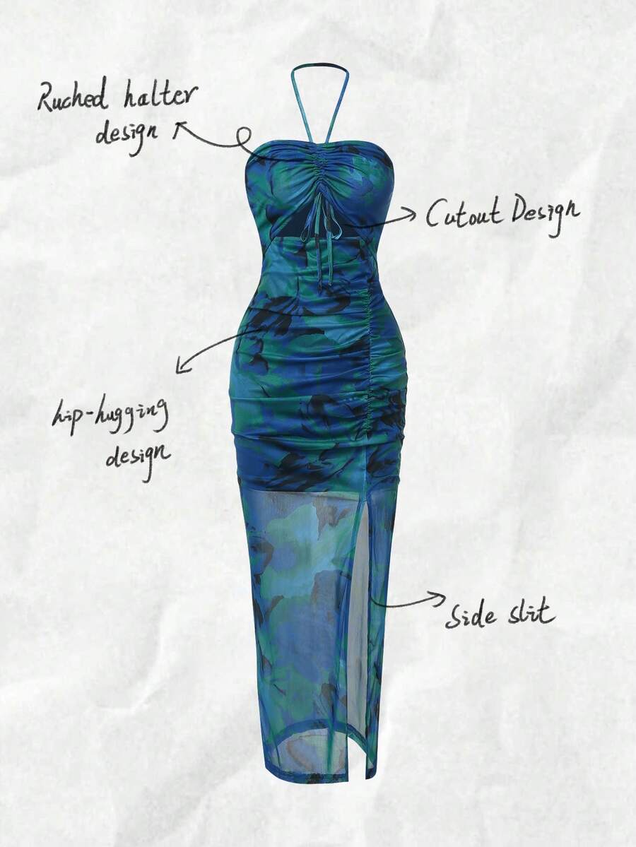 Halter Neck Pleated Mesh Print - Maxi Dress Halter reseña y precio